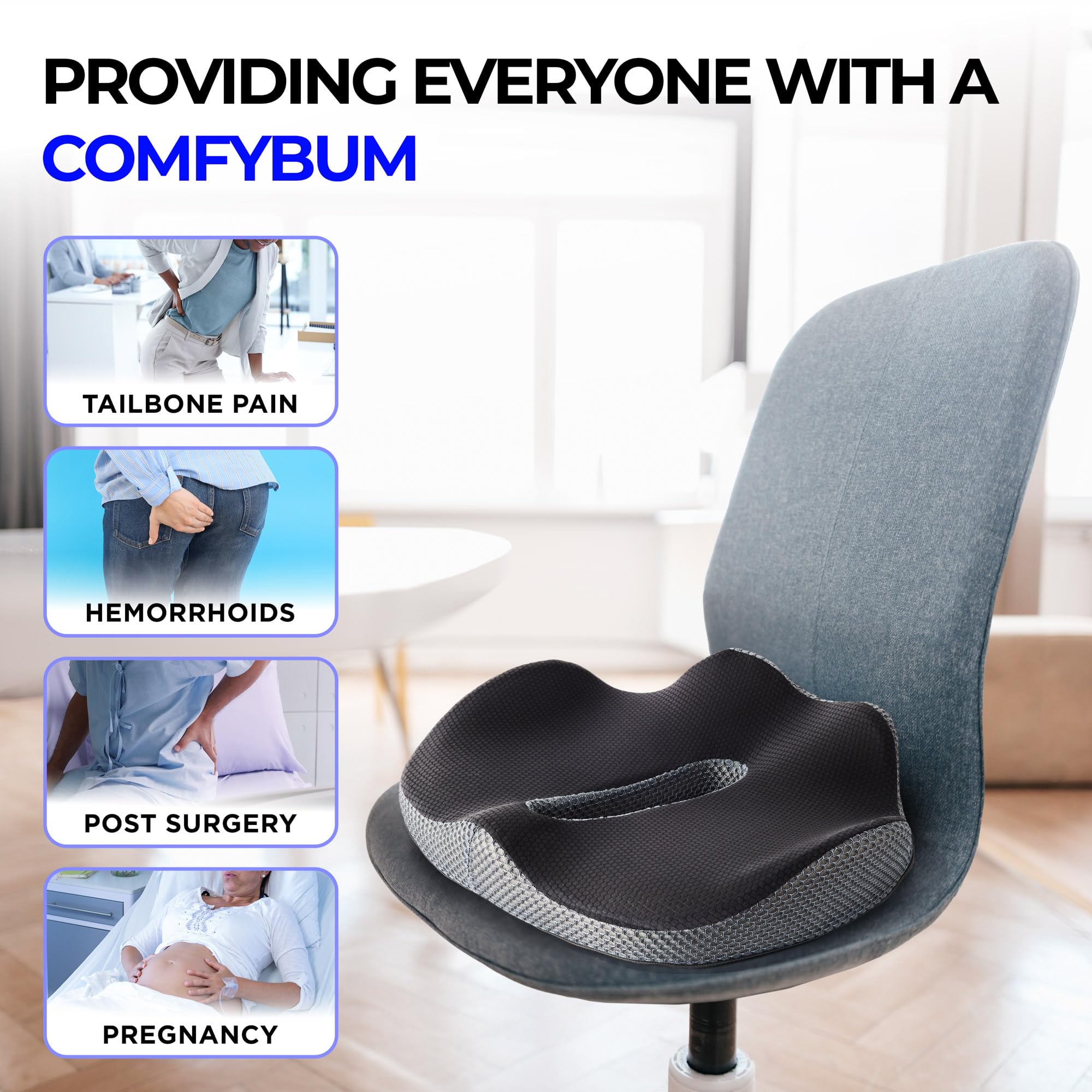 ComfyBums Hemorrhoid Donut Cushion For Coccyx, Tailbone, Piles Pressure Relief - Memory Foam Pillow For Office Chair Seat Ring Cushions - Targets Sores & Discomfort Relief - Made For You