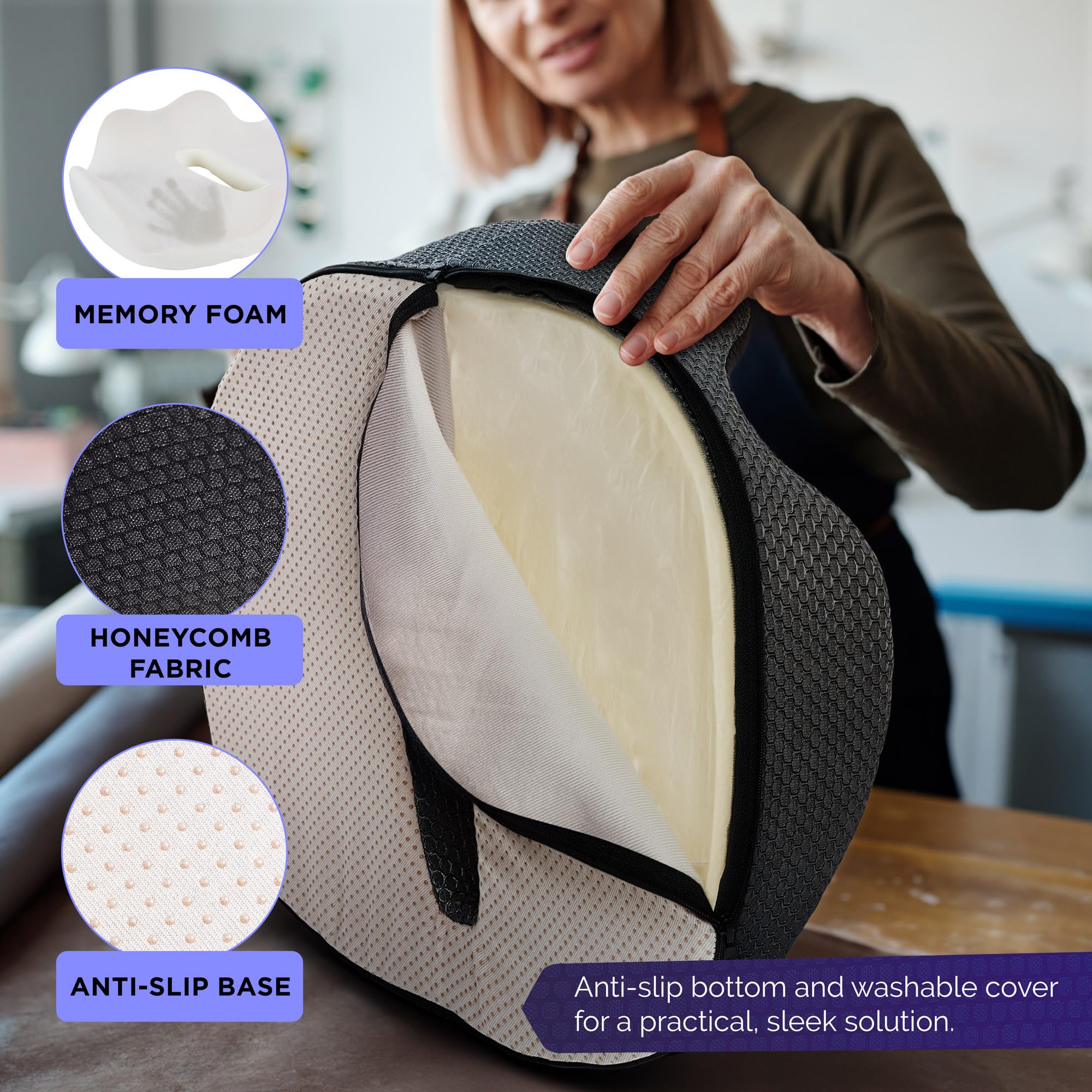 ComfyBums Hemorrhoid Donut Cushion For Coccyx, Tailbone, Piles Pressure Relief - Memory Foam Pillow For Office Chair Seat Ring Cushions - Targets Sores & Discomfort Relief - Made For You