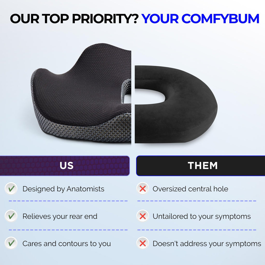 ComfyBums Hemorrhoid Donut Cushion For Coccyx, Tailbone, Piles Pressure Relief - Memory Foam Pillow For Office Chair Seat Ring Cushions - Targets Sores & Discomfort Relief - Made For You