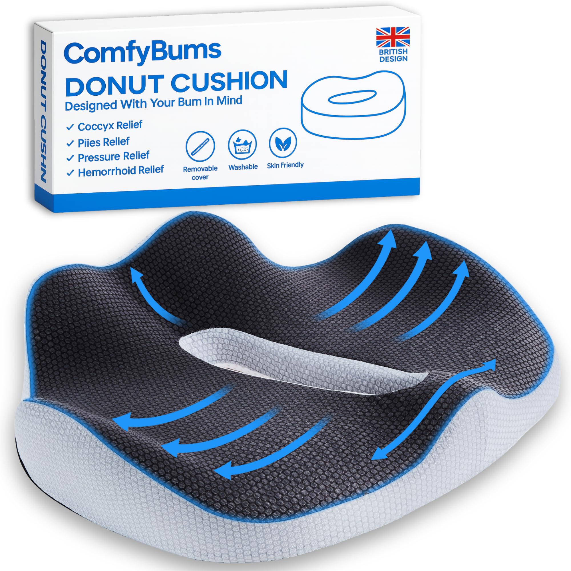 ComfyBums Hemorrhoid Donut Cushion For Coccyx, Tailbone, Piles Pressure Relief - Memory Foam Pillow For Office Chair Seat Ring Cushions - Targets Sores & Discomfort Relief - Made For You