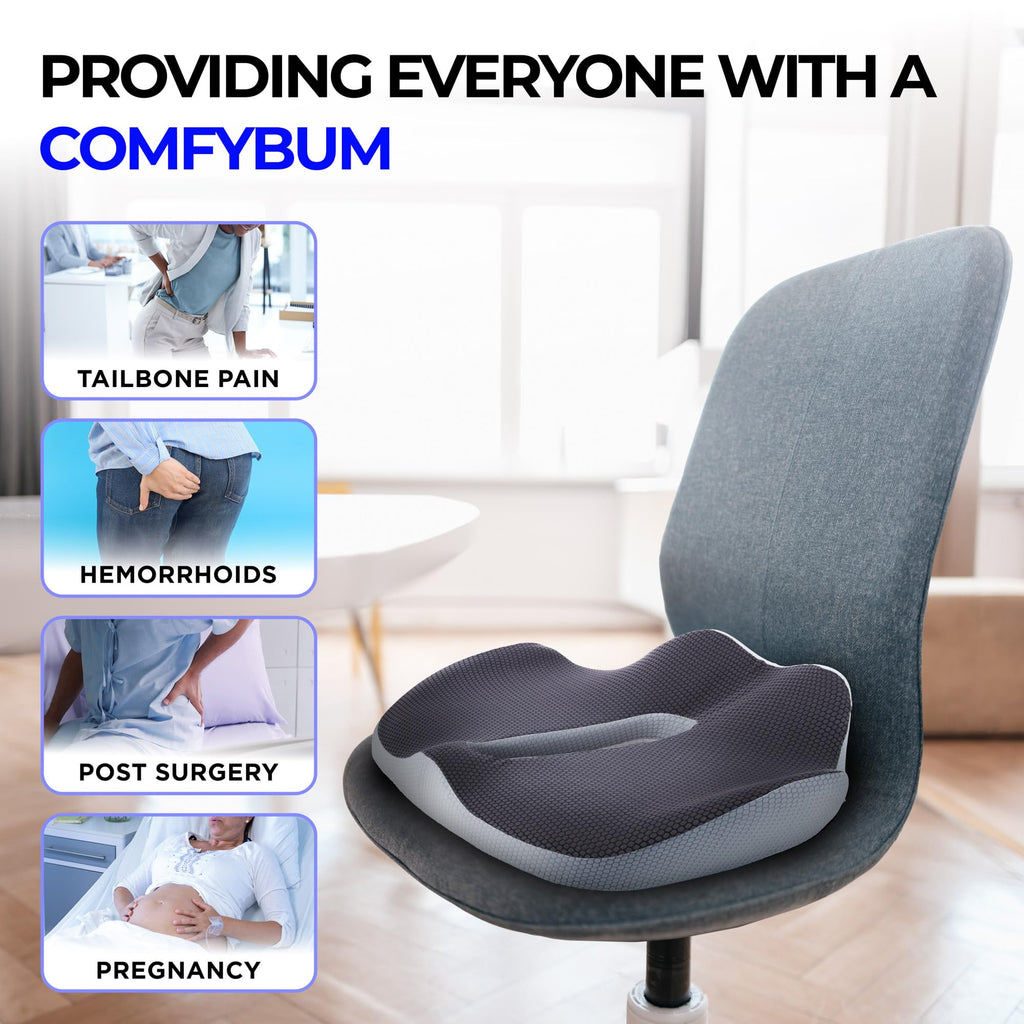 ComfyBums Hemorrhoid Donut Cushion For Coccyx, Tailbone, Piles Pressure Relief - Memory Foam Pillow For Office Chair Seat Ring Cushions - Targets Sores & Discomfort Relief - Made For You